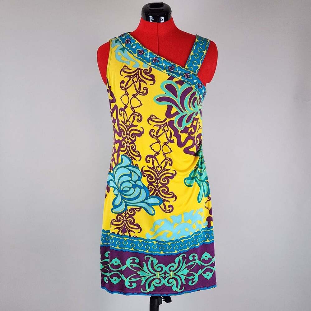 Hale Bob Dress Size S Yellow Multi Print Embellished Halter Mini